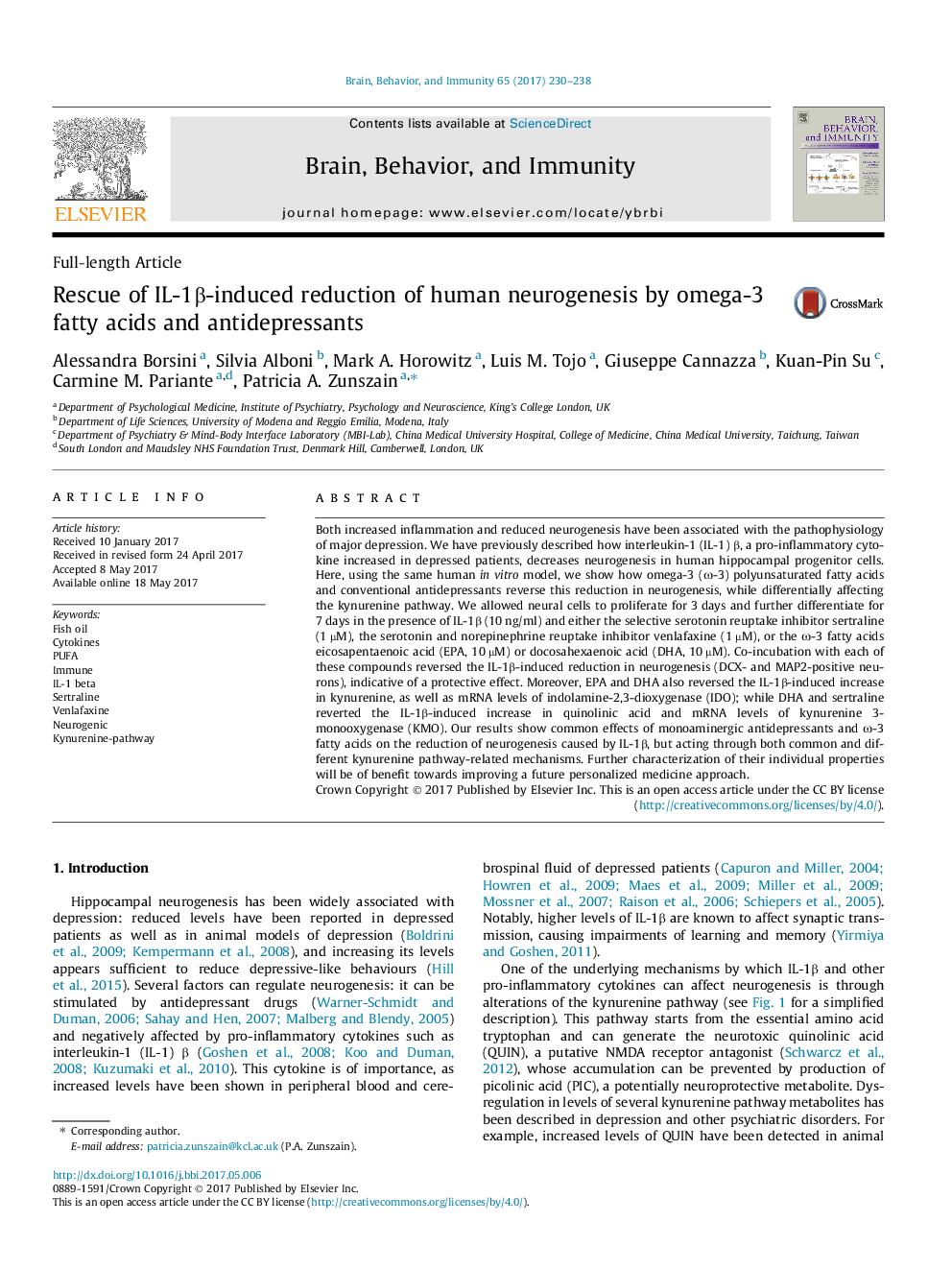 Rescue of IL-1Î²-induced reduction of human neurogenesis by omega-3 fatty acids and antidepressants