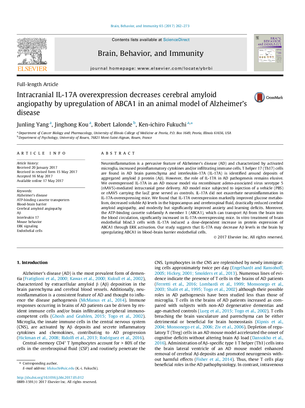 Intracranial IL-17A overexpression decreases cerebral amyloid angiopathy by upregulation of ABCA1 in an animal model of Alzheimer's disease