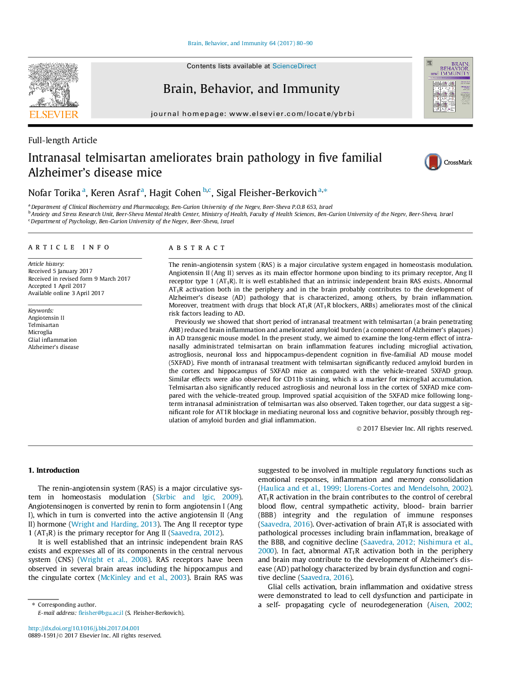 Intranasal telmisartan ameliorates brain pathology in five familial Alzheimer's disease mice