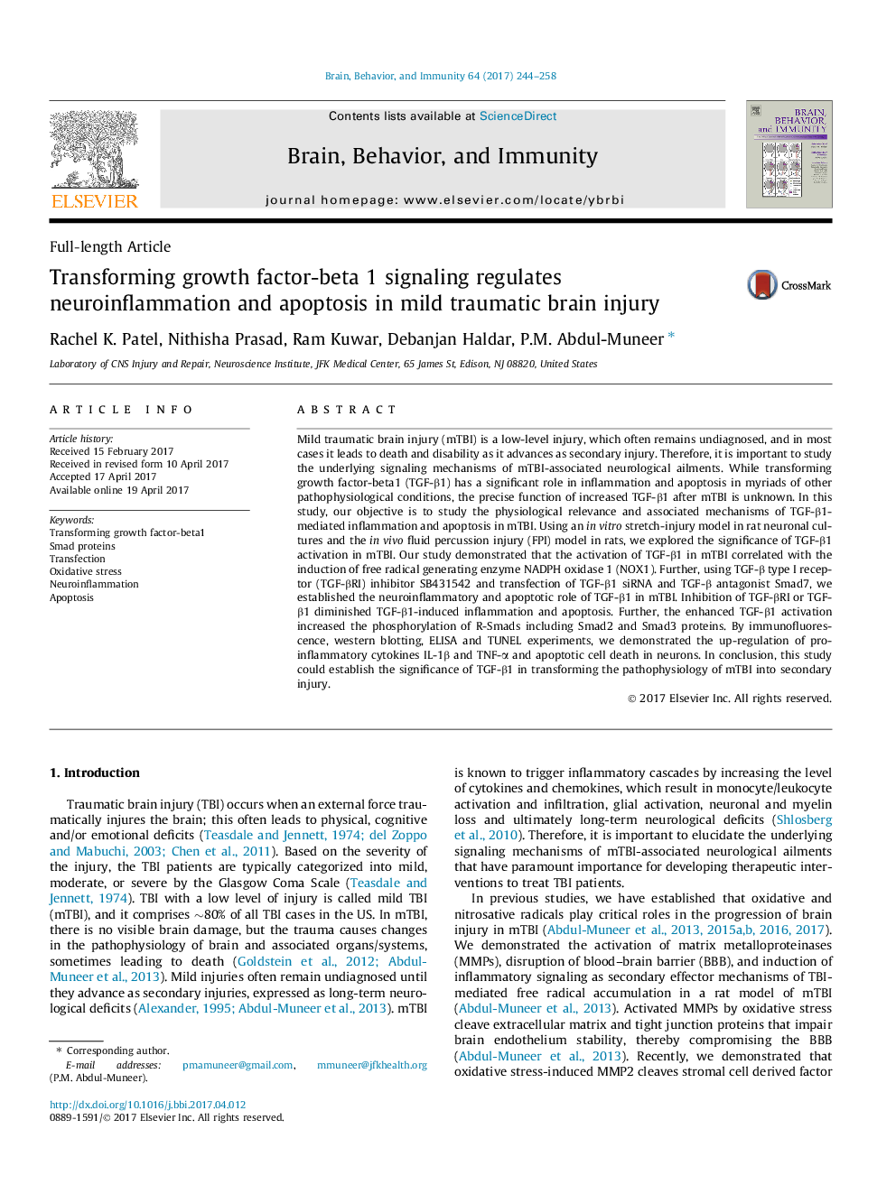 Full-length ArticleTransforming growth factor-beta 1 signaling regulates neuroinflammation and apoptosis in mild traumatic brain injury