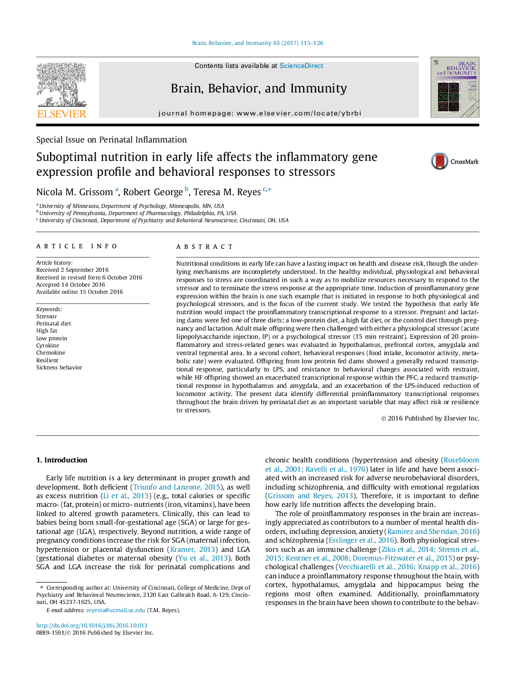 Special Issue on Perinatal InflammationSuboptimal nutrition in early life affects the inflammatory gene expression profile and behavioral responses to stressors