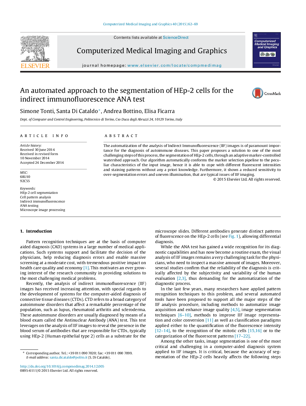 An automated approach to the segmentation of HEp-2 cells for the indirect immunofluorescence ANA test