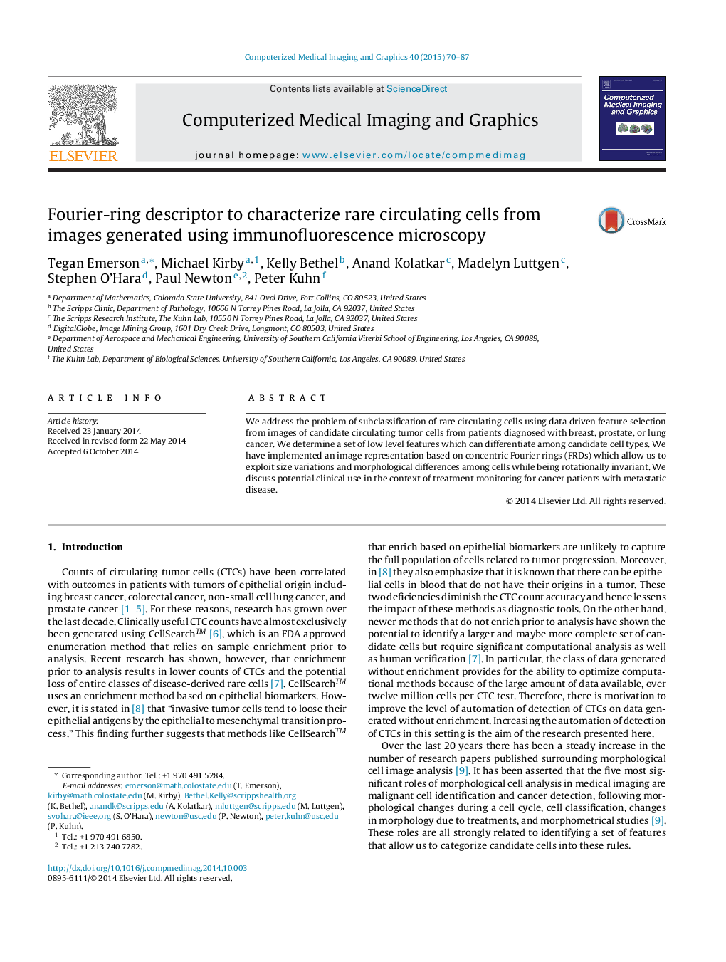 Fourier-ring descriptor to characterize rare circulating cells from images generated using immunofluorescence microscopy