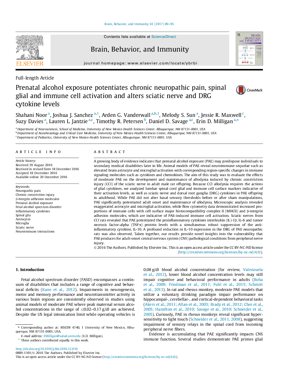 Prenatal alcohol exposure potentiates chronic neuropathic pain, spinal glial and immune cell activation and alters sciatic nerve and DRG cytokine levels