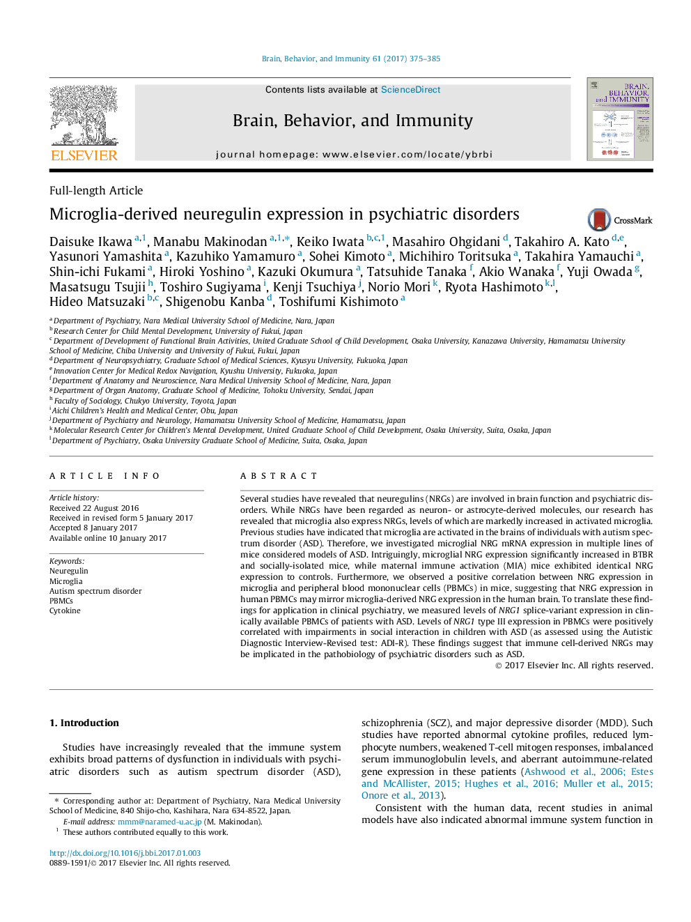 Microglia-derived neuregulin expression in psychiatric disorders