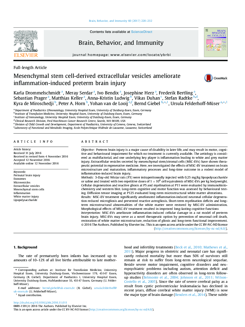 Mesenchymal stem cell-derived extracellular vesicles ameliorate inflammation-induced preterm brain injury