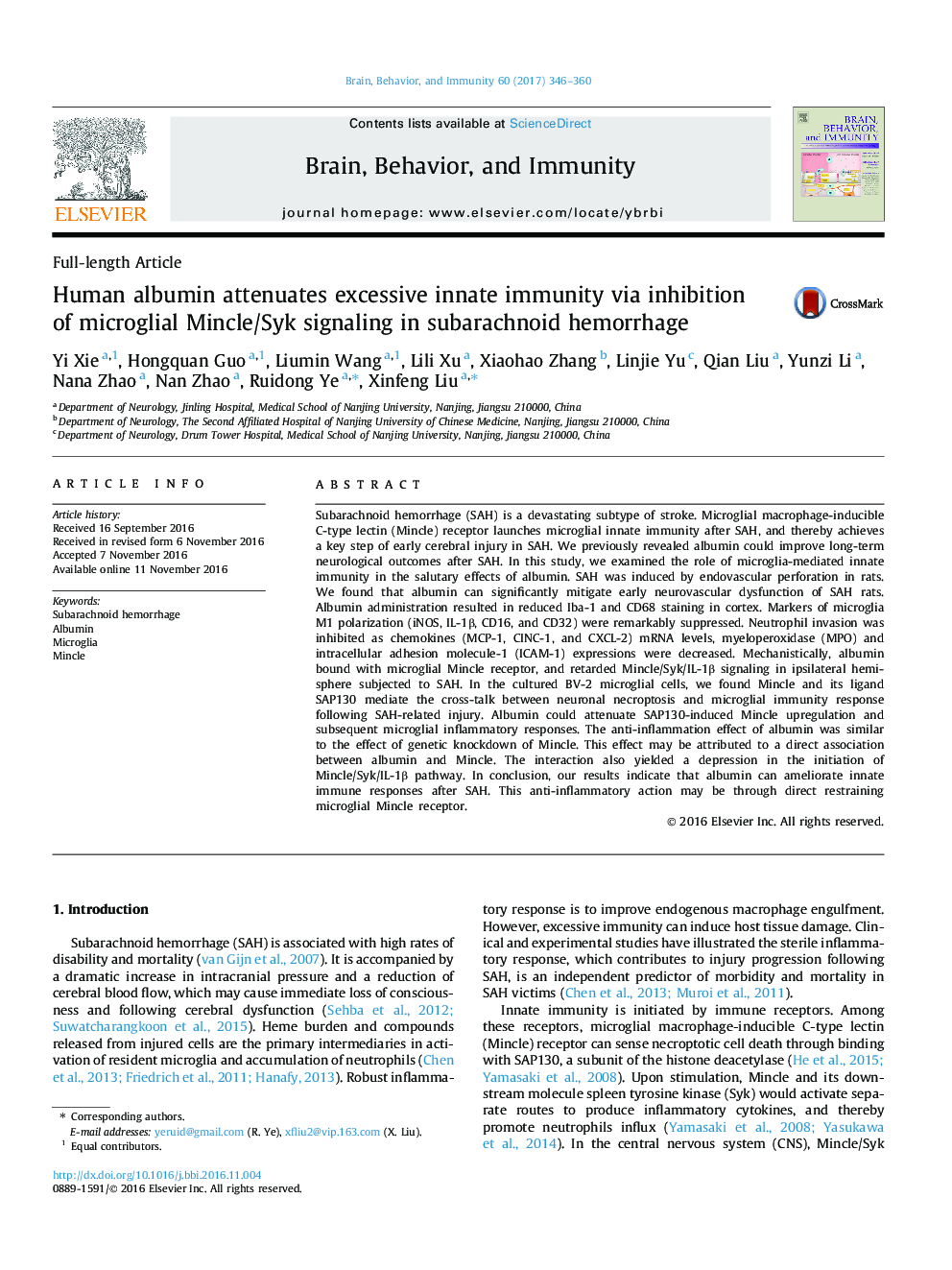 Human albumin attenuates excessive innate immunity via inhibition of microglial Mincle/Syk signaling in subarachnoid hemorrhage