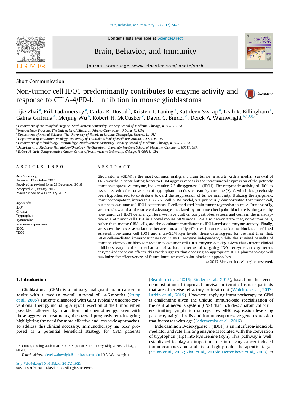 Non-tumor cell IDO1 predominantly contributes to enzyme activity and response to CTLA-4/PD-L1 inhibition in mouse glioblastoma