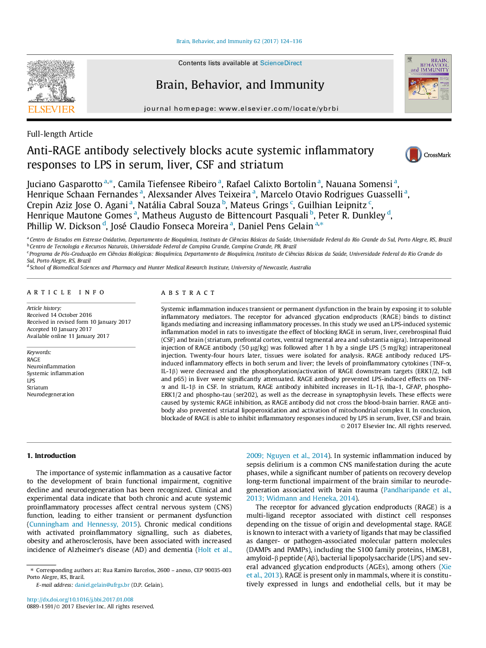 Anti-RAGE antibody selectively blocks acute systemic inflammatory responses to LPS in serum, liver, CSF and striatum