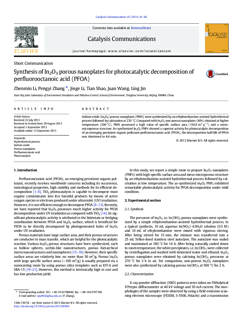 Synthesis of In2O3 porous nanoplates for photocatalytic decomposition of perfluorooctanoic acid (PFOA)