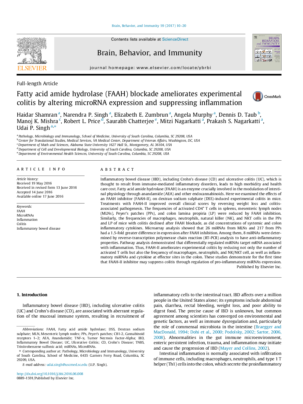 Fatty acid amide hydrolase (FAAH) blockade ameliorates experimental colitis by altering microRNA expression and suppressing inflammation