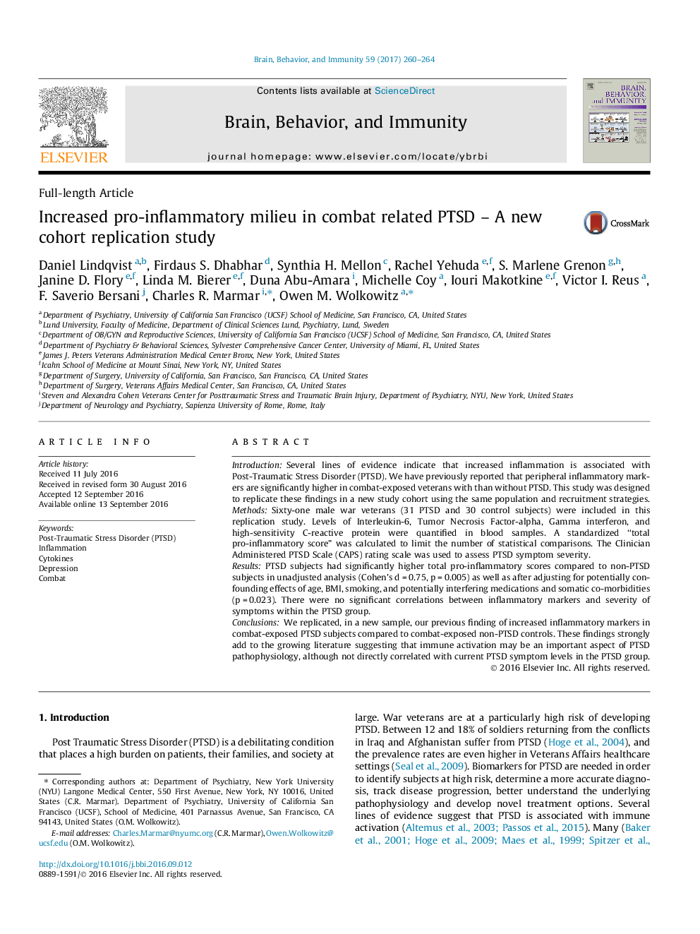 Increased pro-inflammatory milieu in combat related PTSD – A new cohort replication study