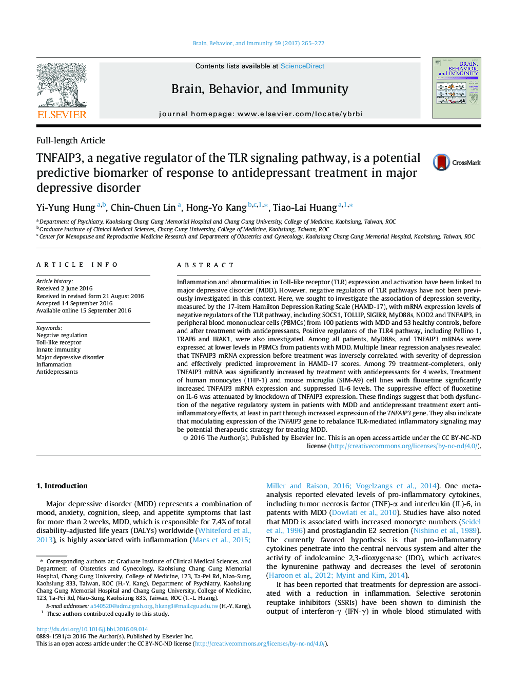 TNFAIP3, a negative regulator of the TLR signaling pathway, is a potential predictive biomarker of response to antidepressant treatment in major depressive disorder