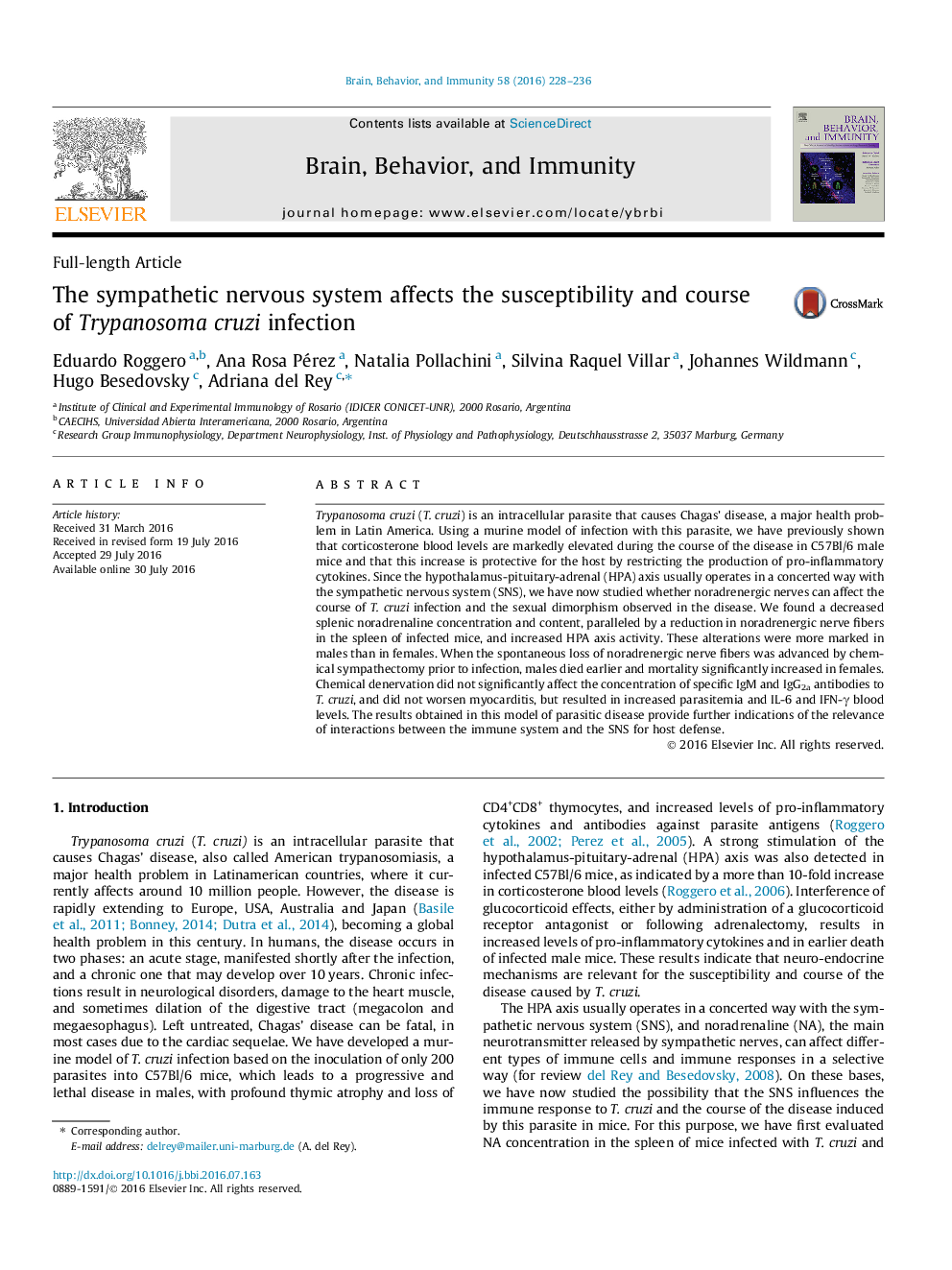 The sympathetic nervous system affects the susceptibility and course of Trypanosoma cruzi infection