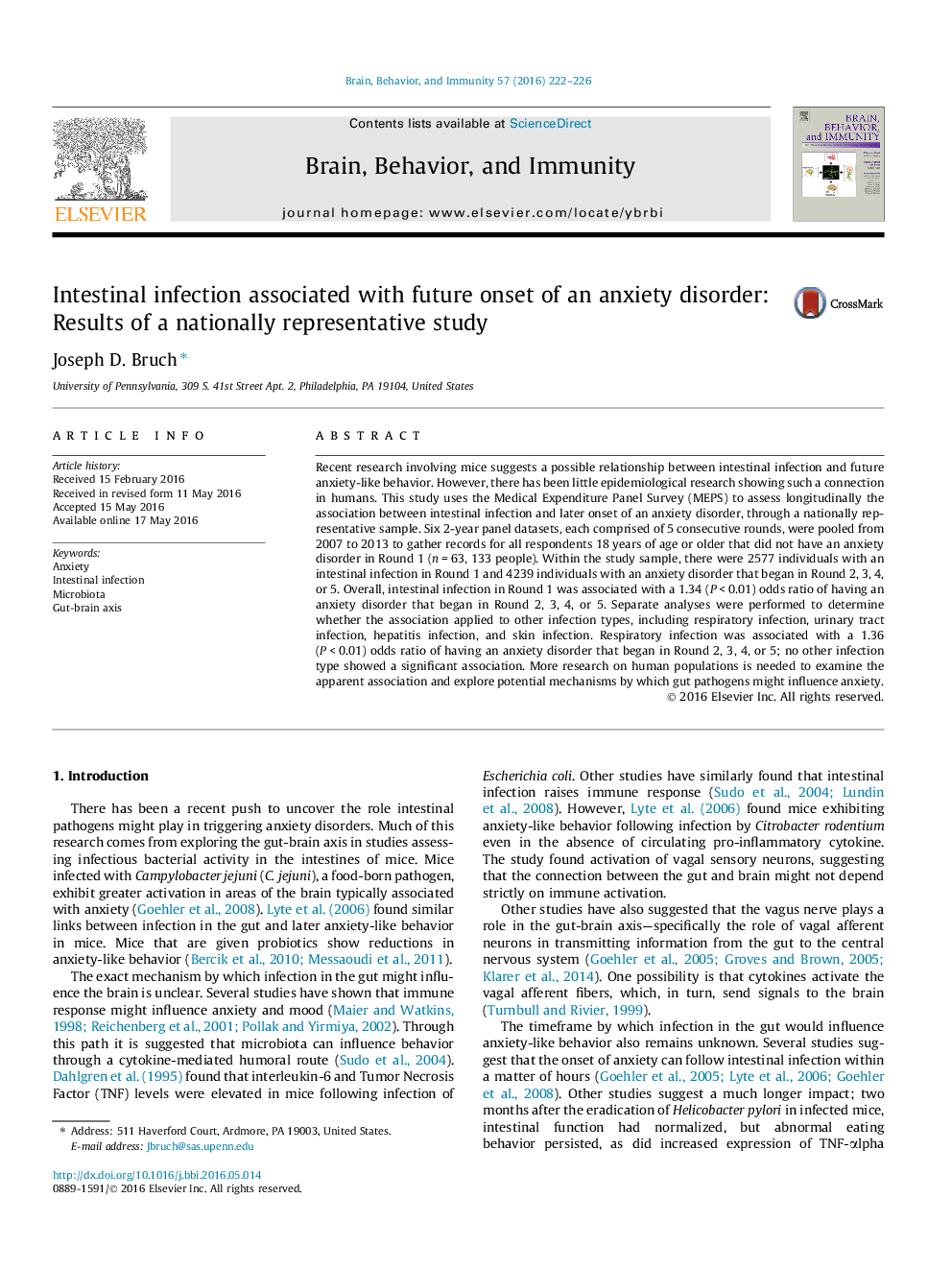 Intestinal infection associated with future onset of an anxiety disorder: Results of a nationally representative study