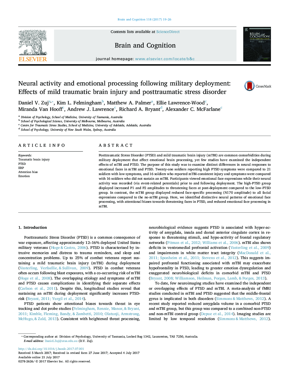 Neural activity and emotional processing following military deployment: Effects of mild traumatic brain injury and posttraumatic stress disorder