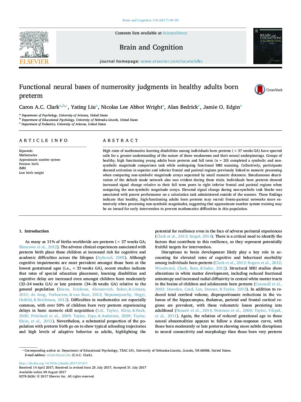 Functional neural bases of numerosity judgments in healthy adults born preterm