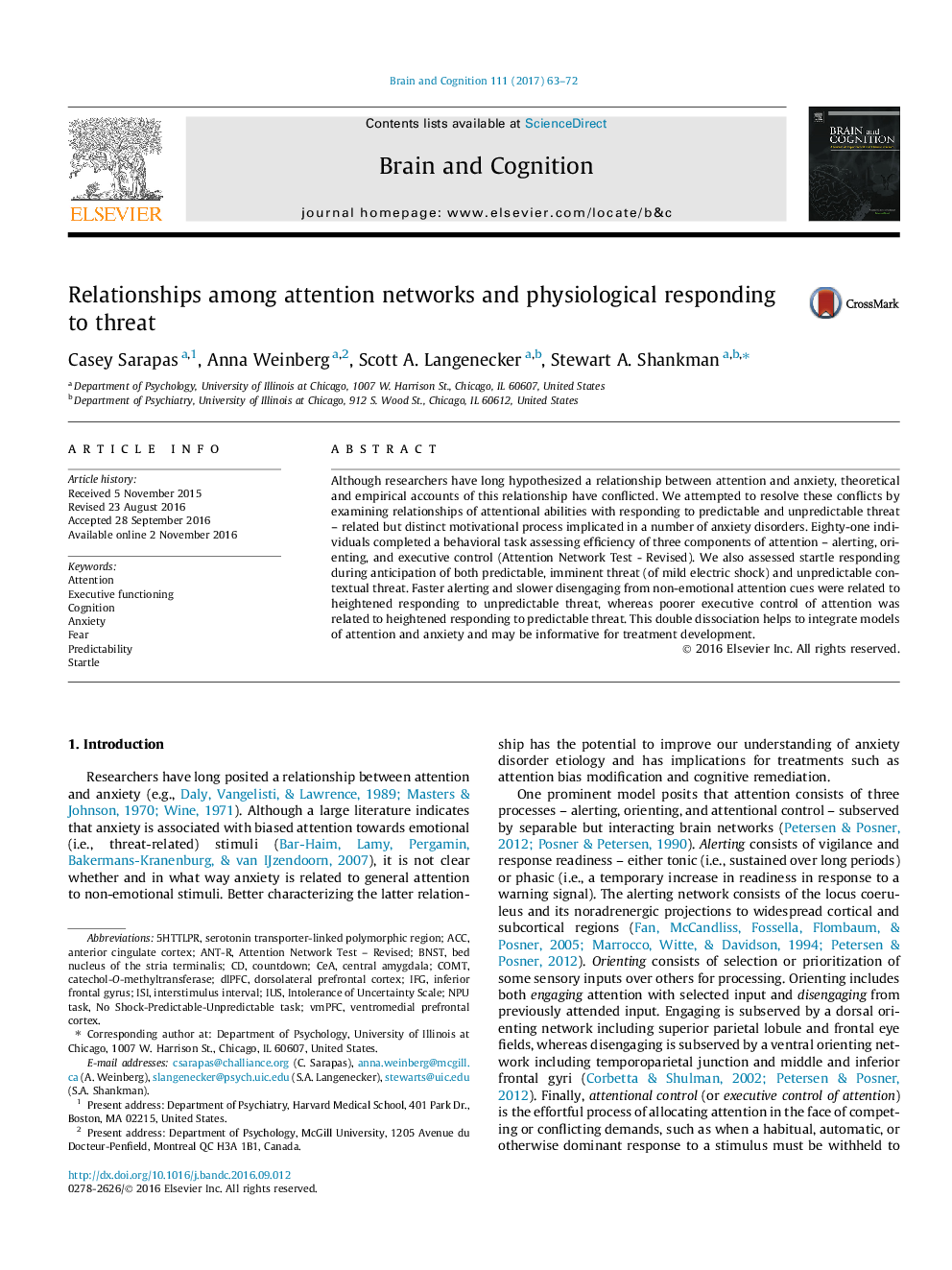 Relationships among attention networks and physiological responding to threat