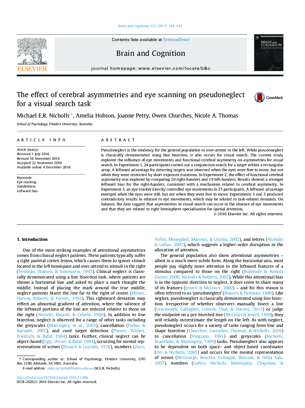 The effect of cerebral asymmetries and eye scanning on pseudoneglect for a visual search task