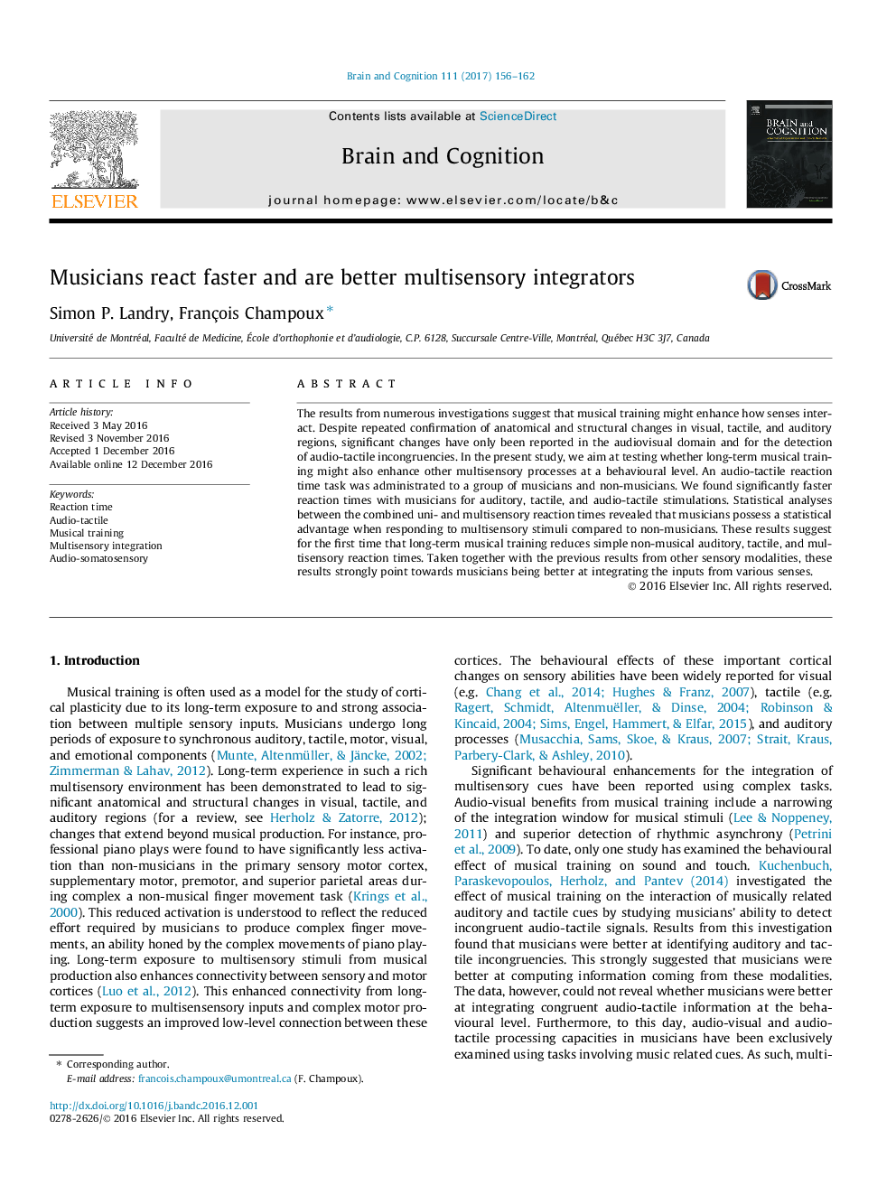 Musicians react faster and are better multisensory integrators