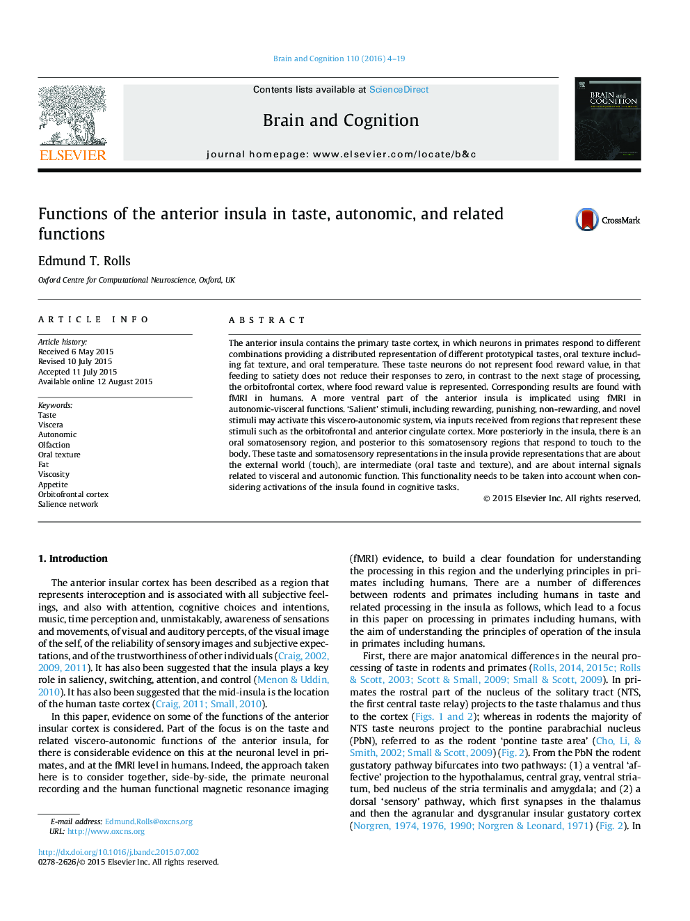 Functions of the anterior insula in taste, autonomic, and related functions