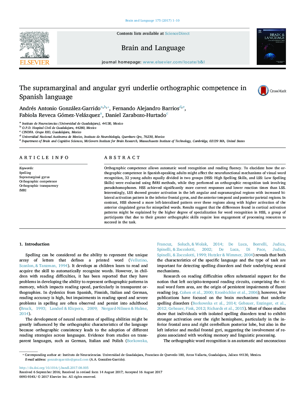 The supramarginal and angular gyri underlie orthographic competence in Spanish language