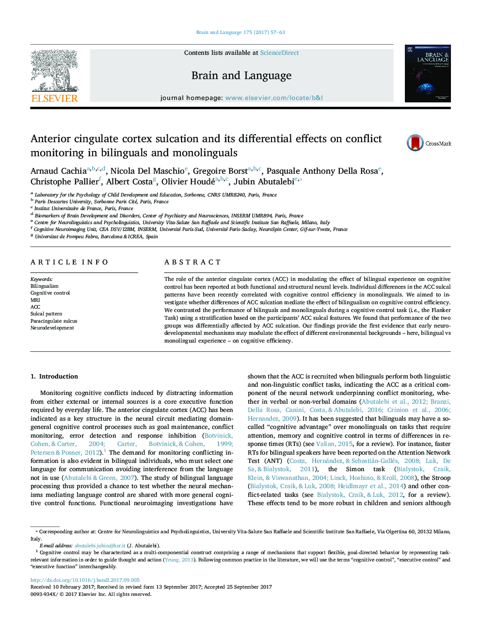 Anterior cingulate cortex sulcation and its differential effects on conflict monitoring in bilinguals and monolinguals