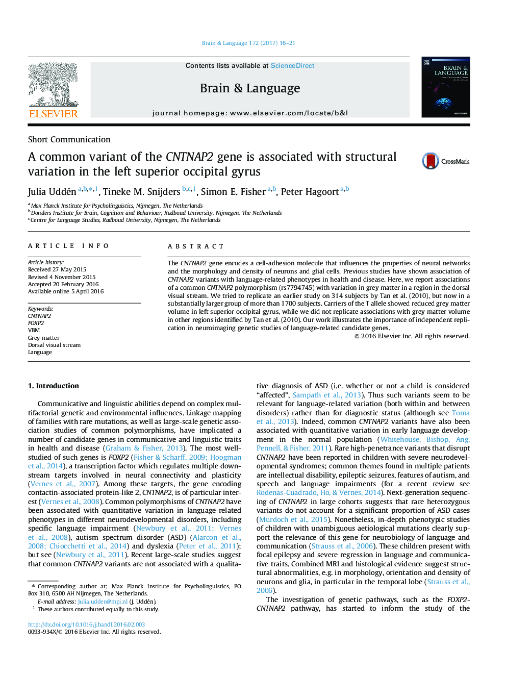 A common variant of the CNTNAP2 gene is associated with structural variation in the left superior occipital gyrus