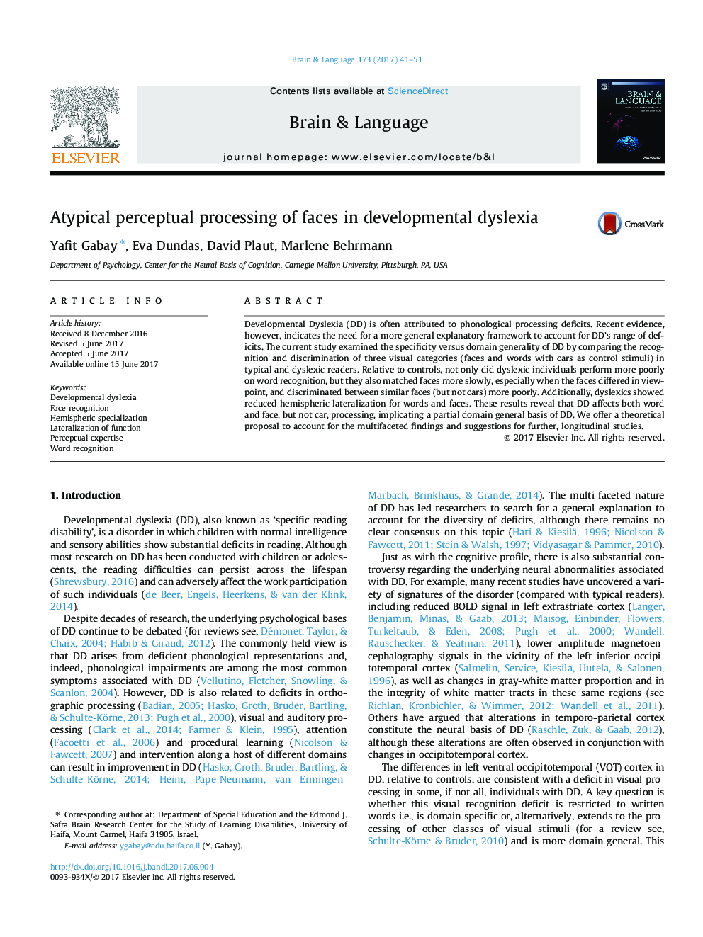 Atypical perceptual processing of faces in developmental dyslexia