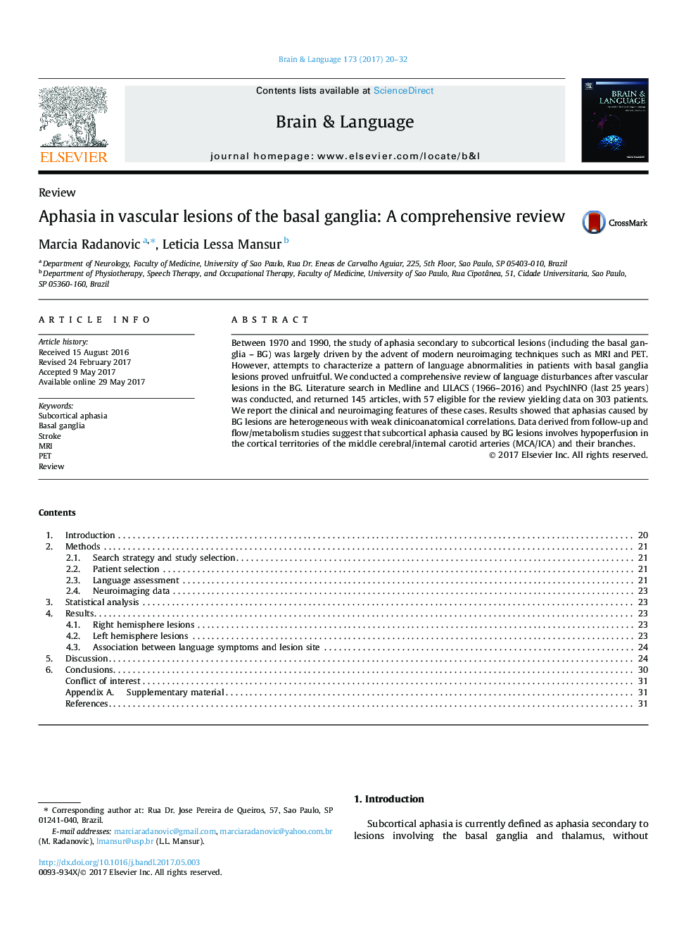 Aphasia in vascular lesions of the basal ganglia: A comprehensive review