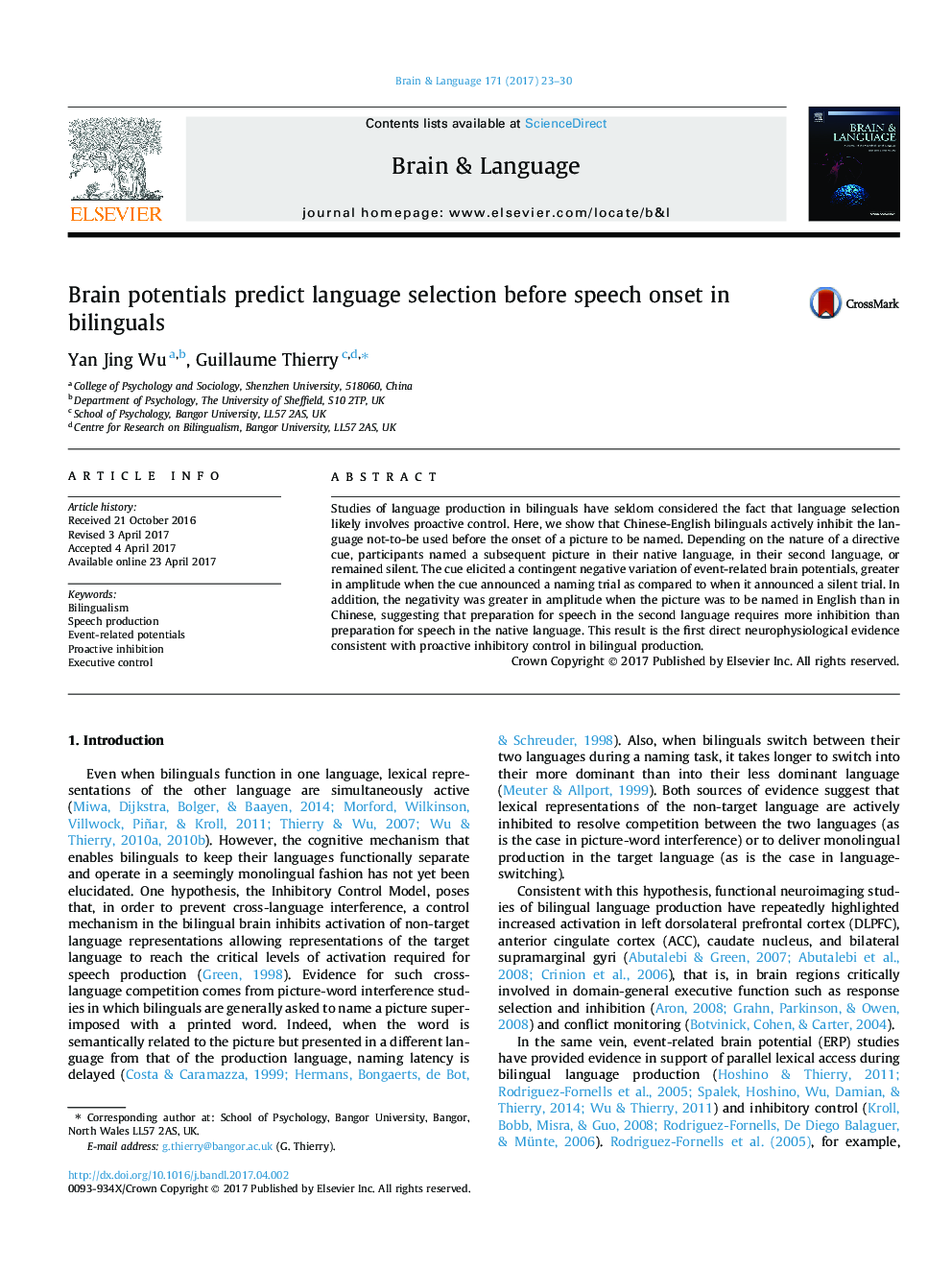 Brain potentials predict language selection before speech onset in bilinguals