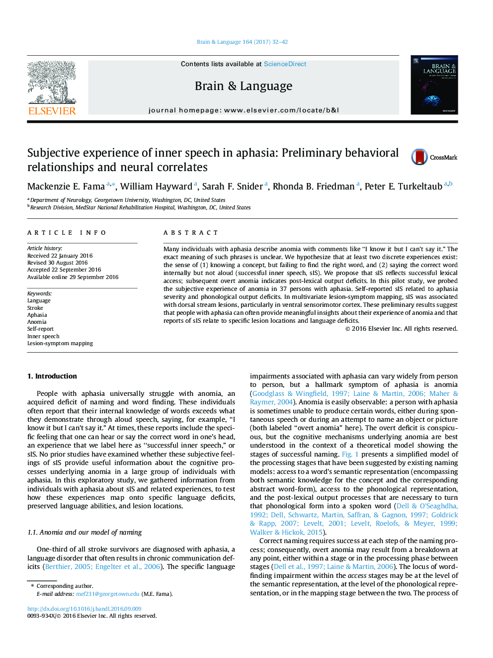 Subjective experience of inner speech in aphasia: Preliminary behavioral relationships and neural correlates