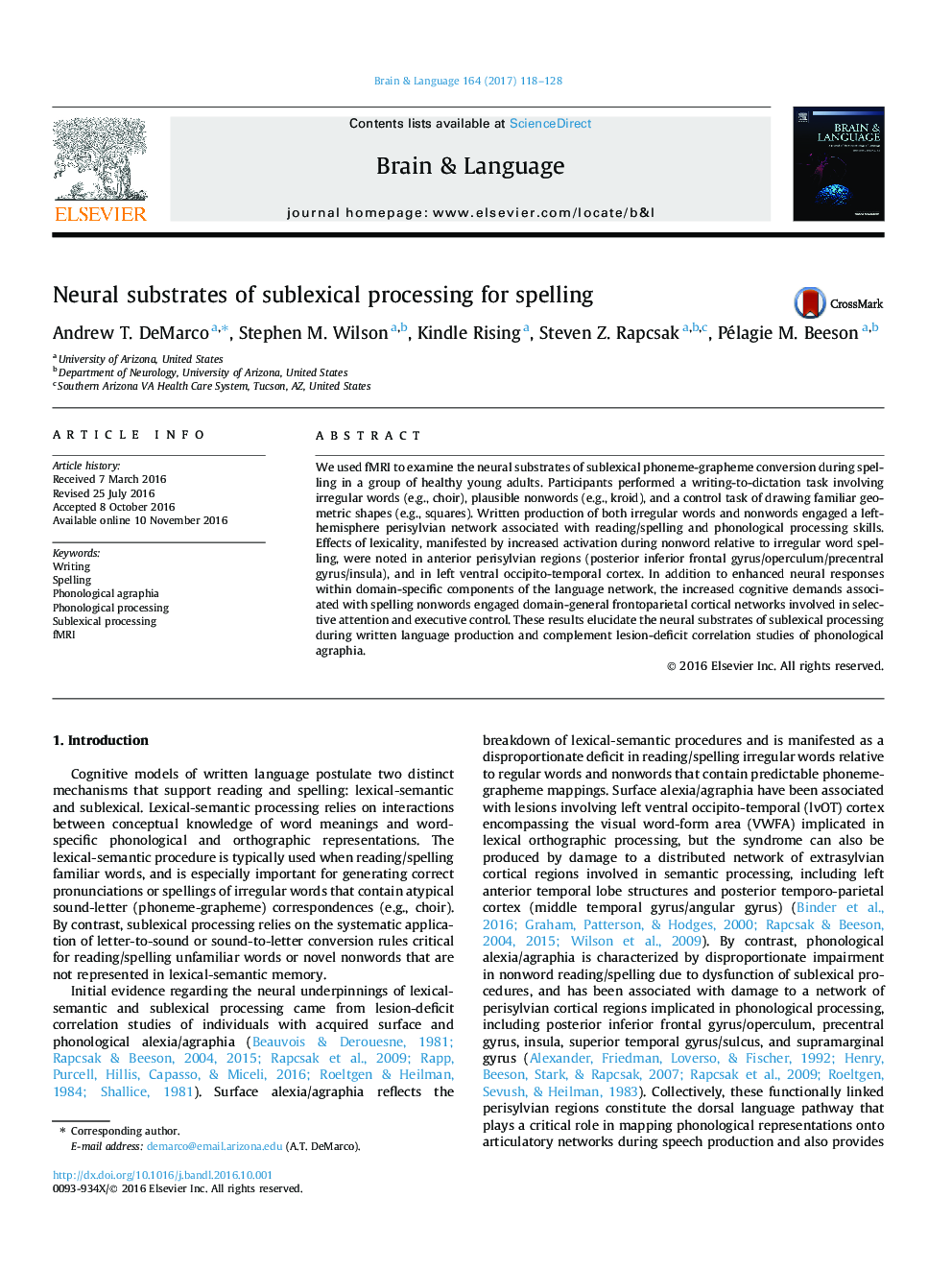 Neural substrates of sublexical processing for spelling