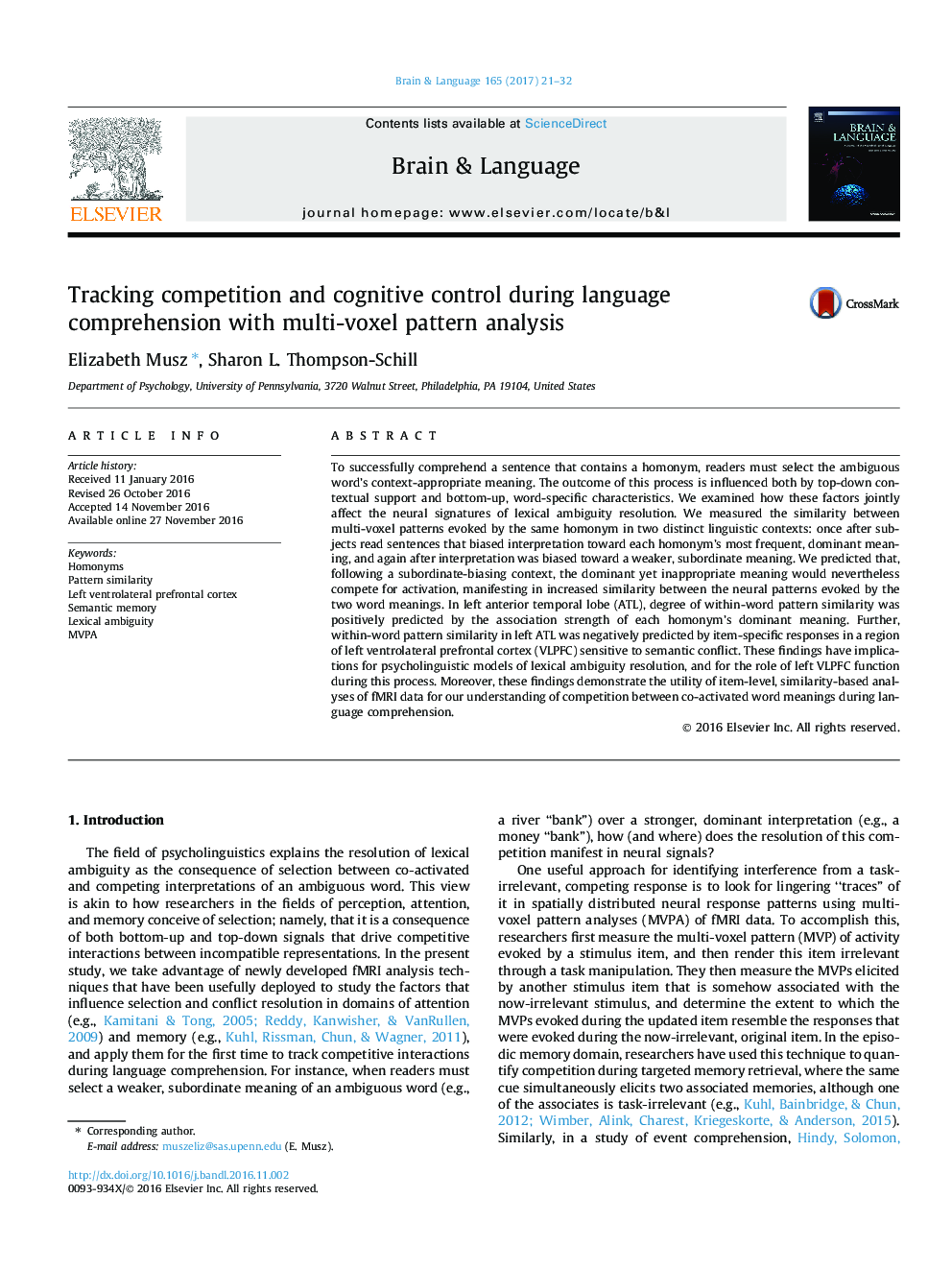 Tracking competition and cognitive control during language comprehension with multi-voxel pattern analysis