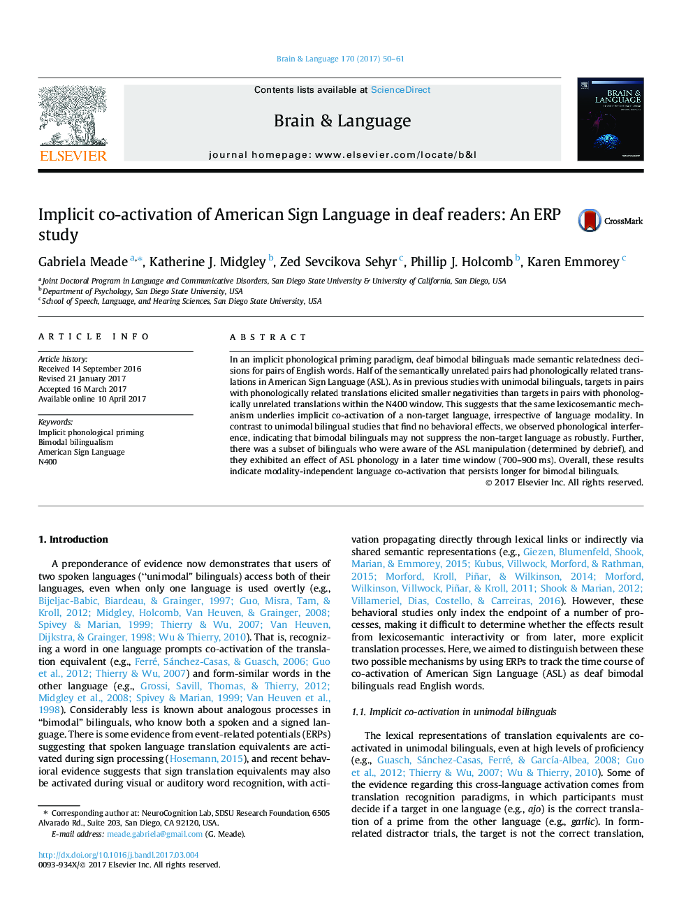 Implicit co-activation of American Sign Language in deaf readers: An ERP study