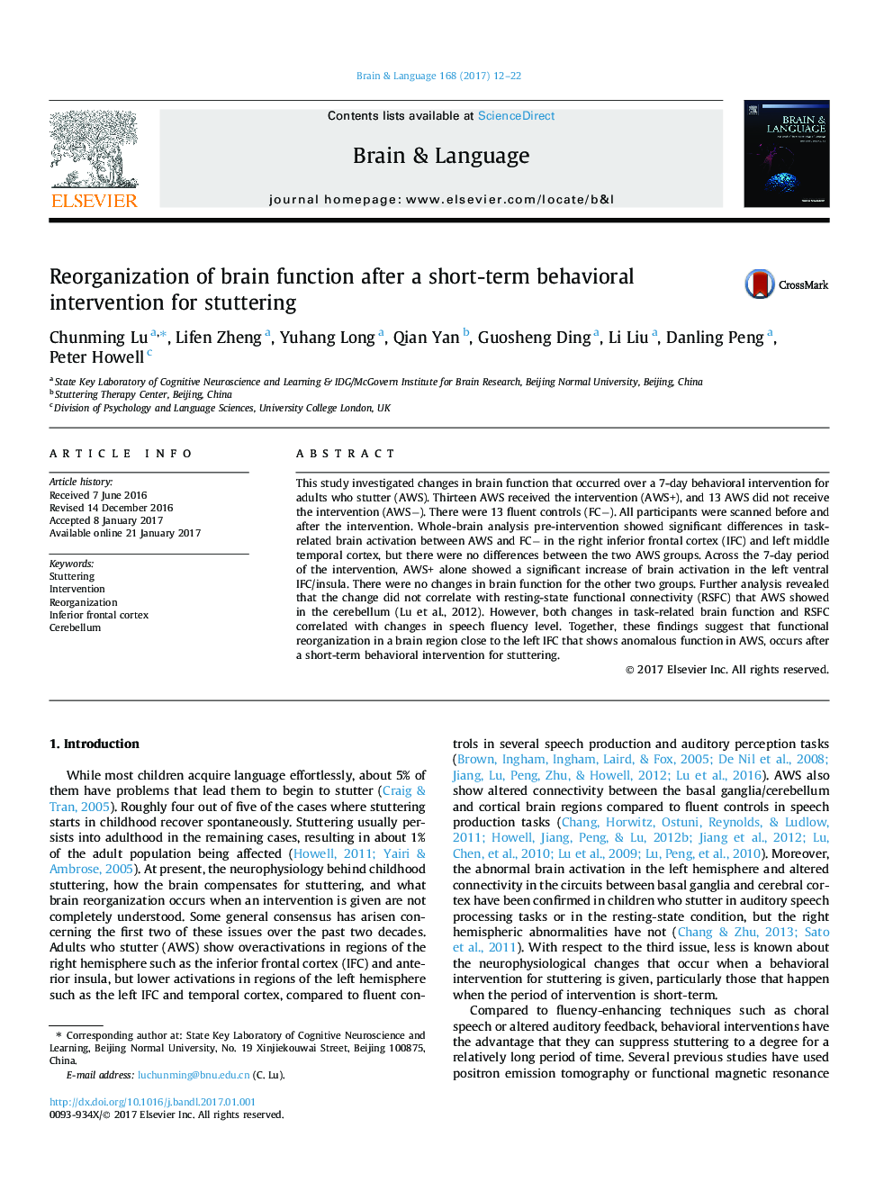 Reorganization of brain function after a short-term behavioral intervention for stuttering