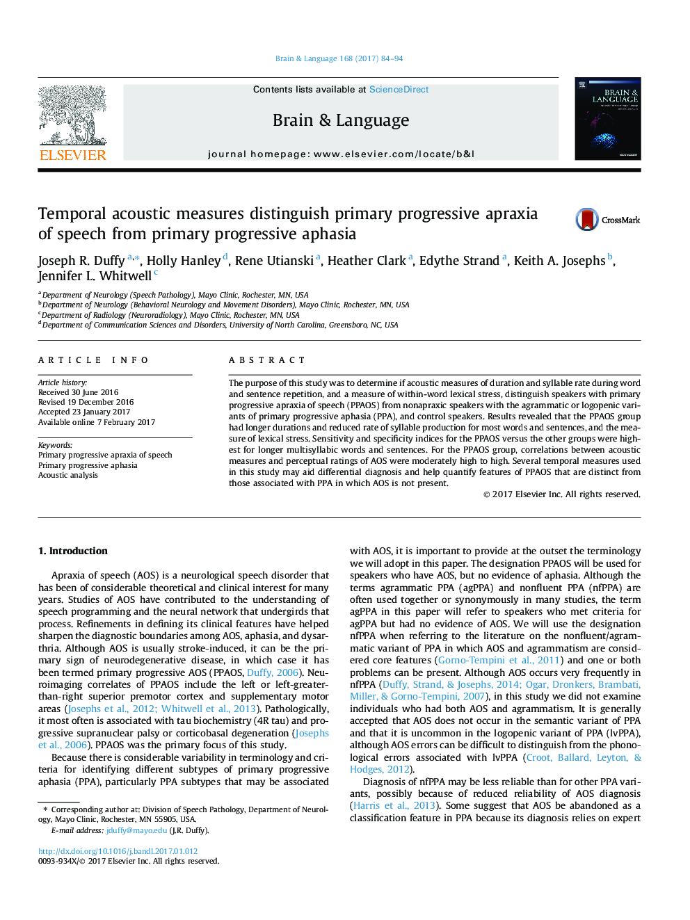 Temporal acoustic measures distinguish primary progressive apraxia of speech from primary progressive aphasia