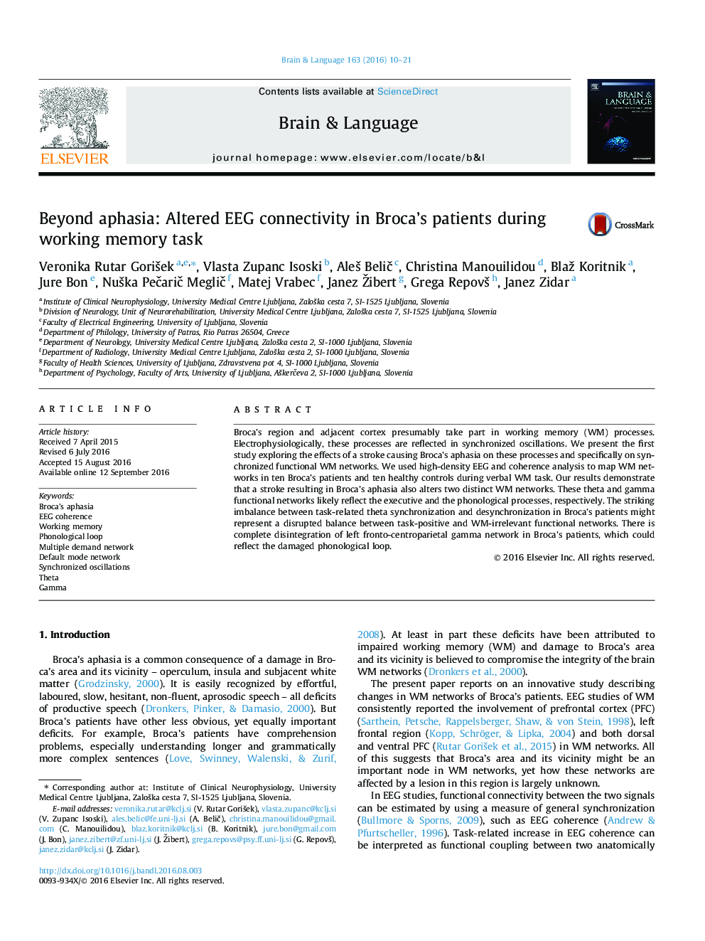 Beyond aphasia: Altered EEG connectivity in Broca's patients during working memory task