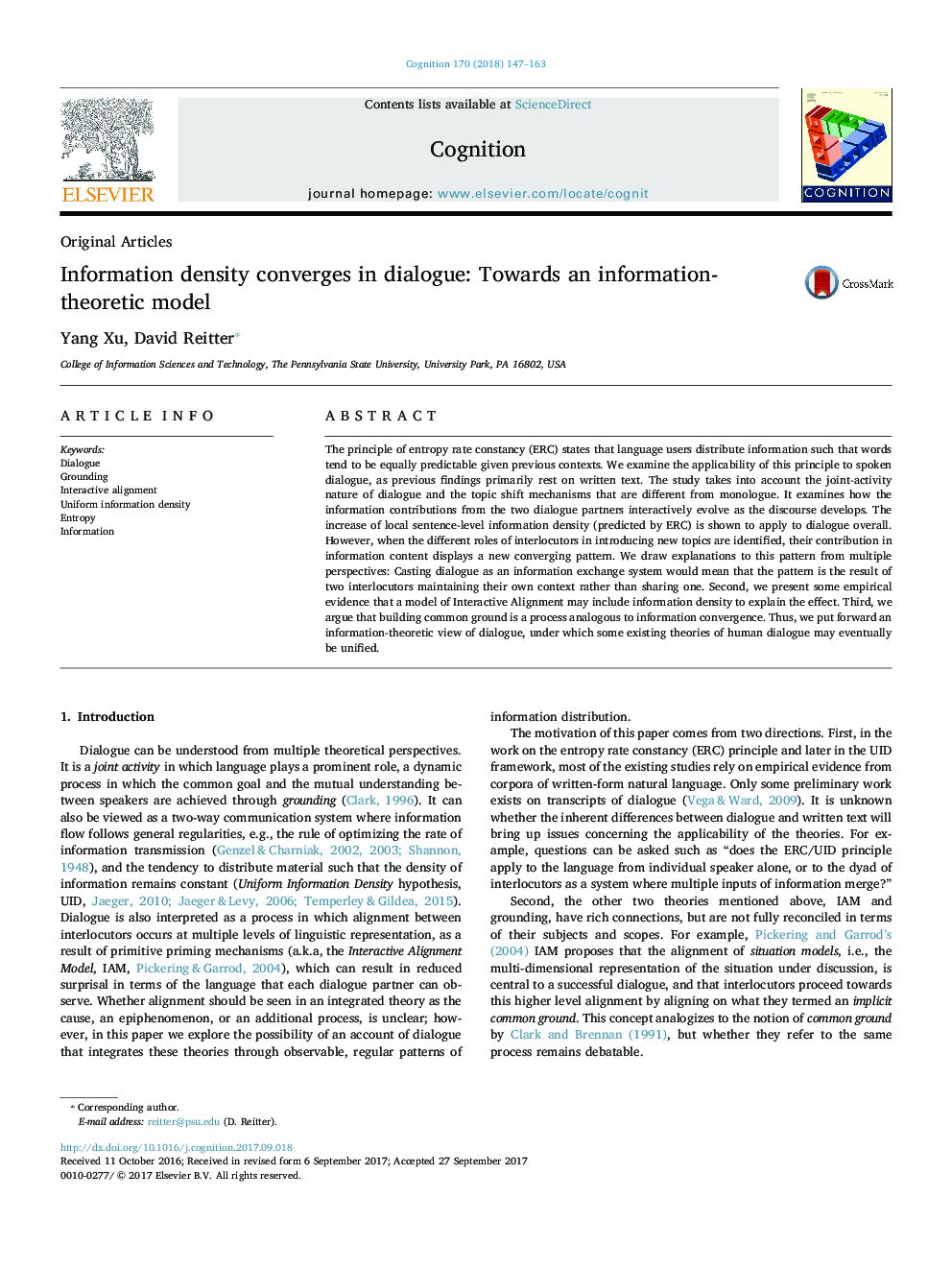 Information density converges in dialogue: Towards an information-theoretic model