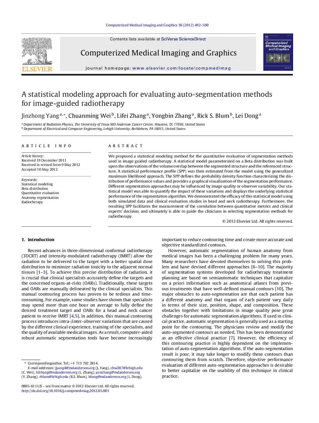 A statistical modeling approach for evaluating auto-segmentation methods for image-guided radiotherapy