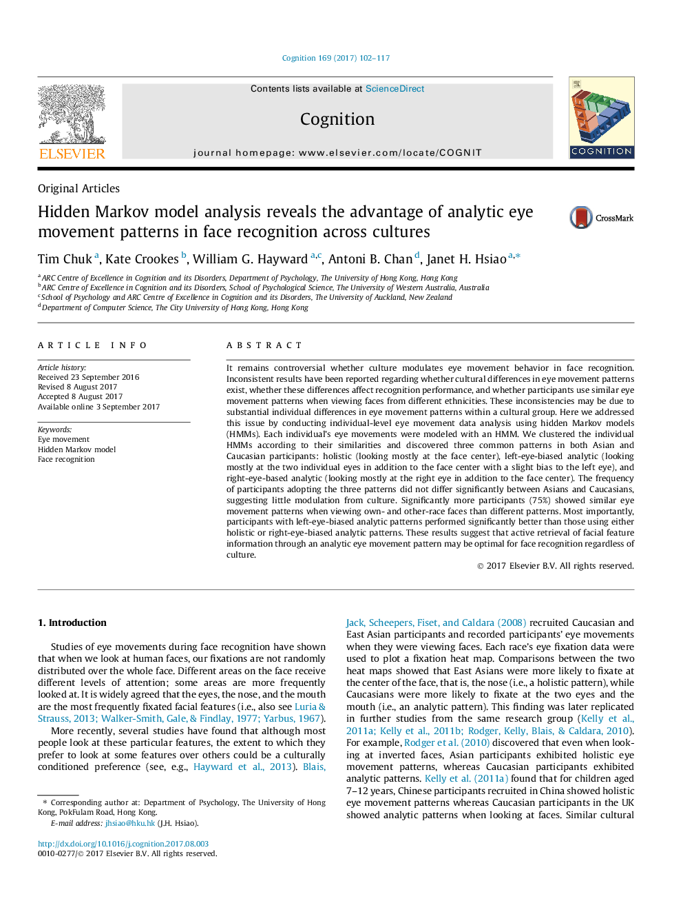 Hidden Markov model analysis reveals the advantage of analytic eye movement patterns in face recognition across cultures