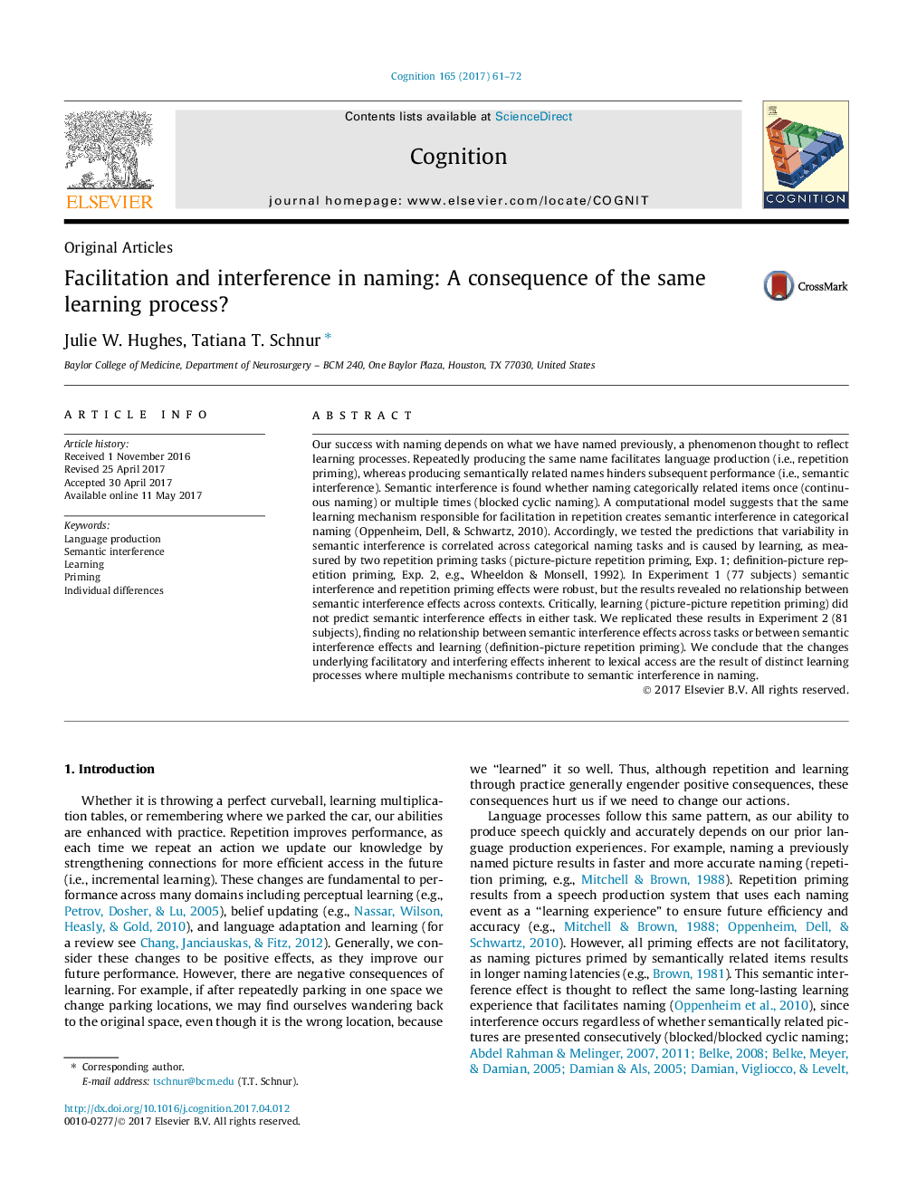 Facilitation and interference in naming: A consequence of the same learning process?