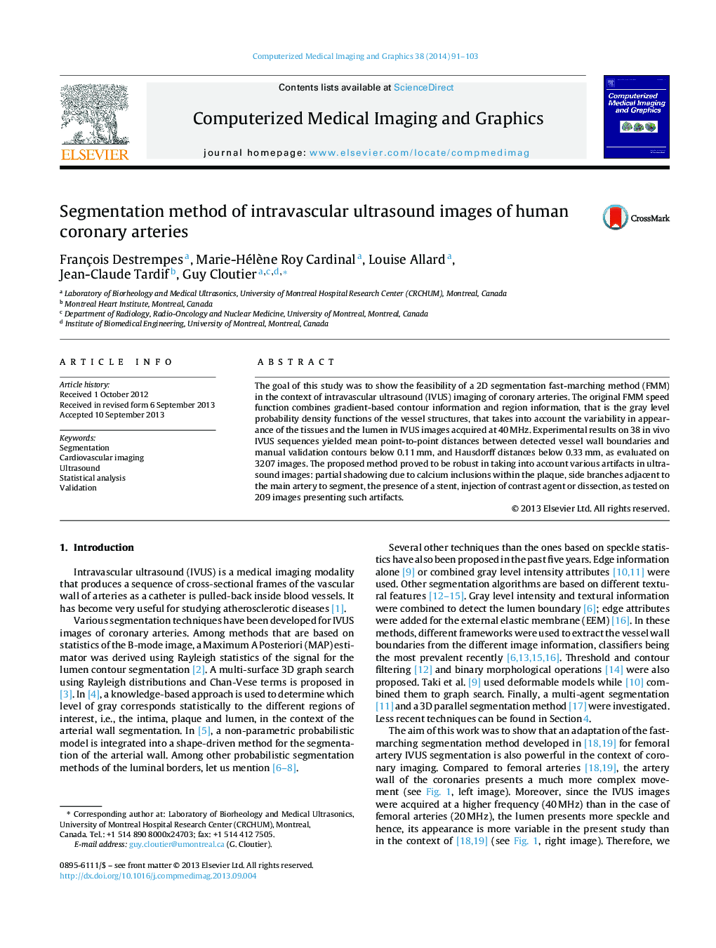 Segmentation method of intravascular ultrasound images of human coronary arteries