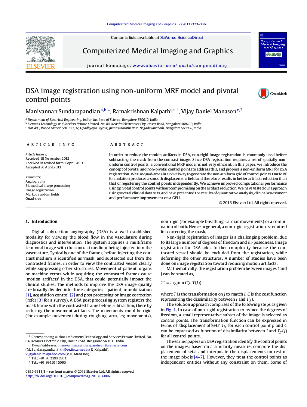 DSA image registration using non-uniform MRF model and pivotal control points