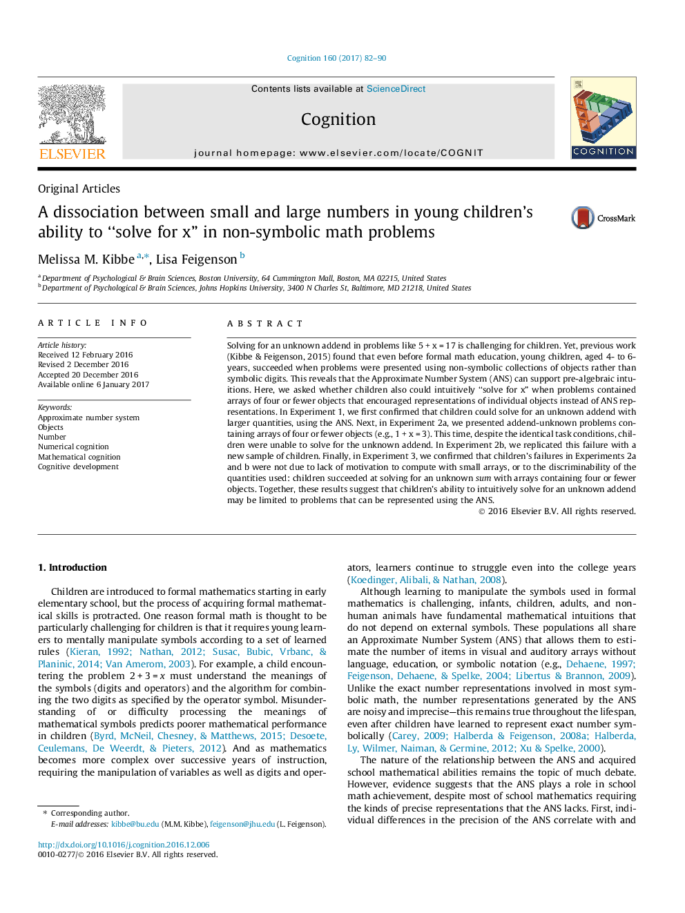 A dissociation between small and large numbers in young children's ability to “solve for x” in non-symbolic math problems