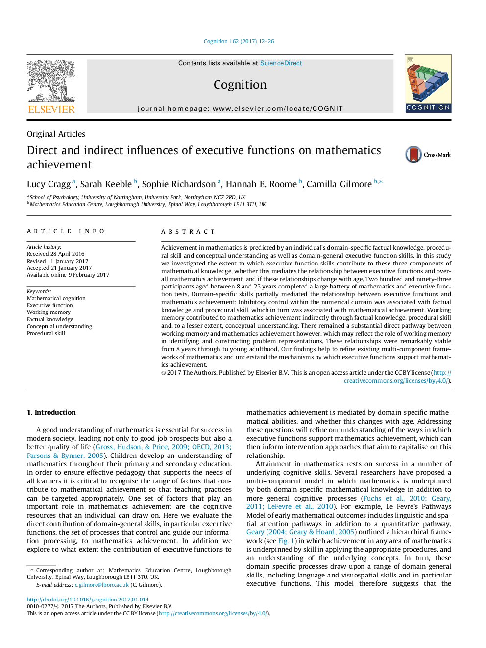 Direct and indirect influences of executive functions on mathematics achievement