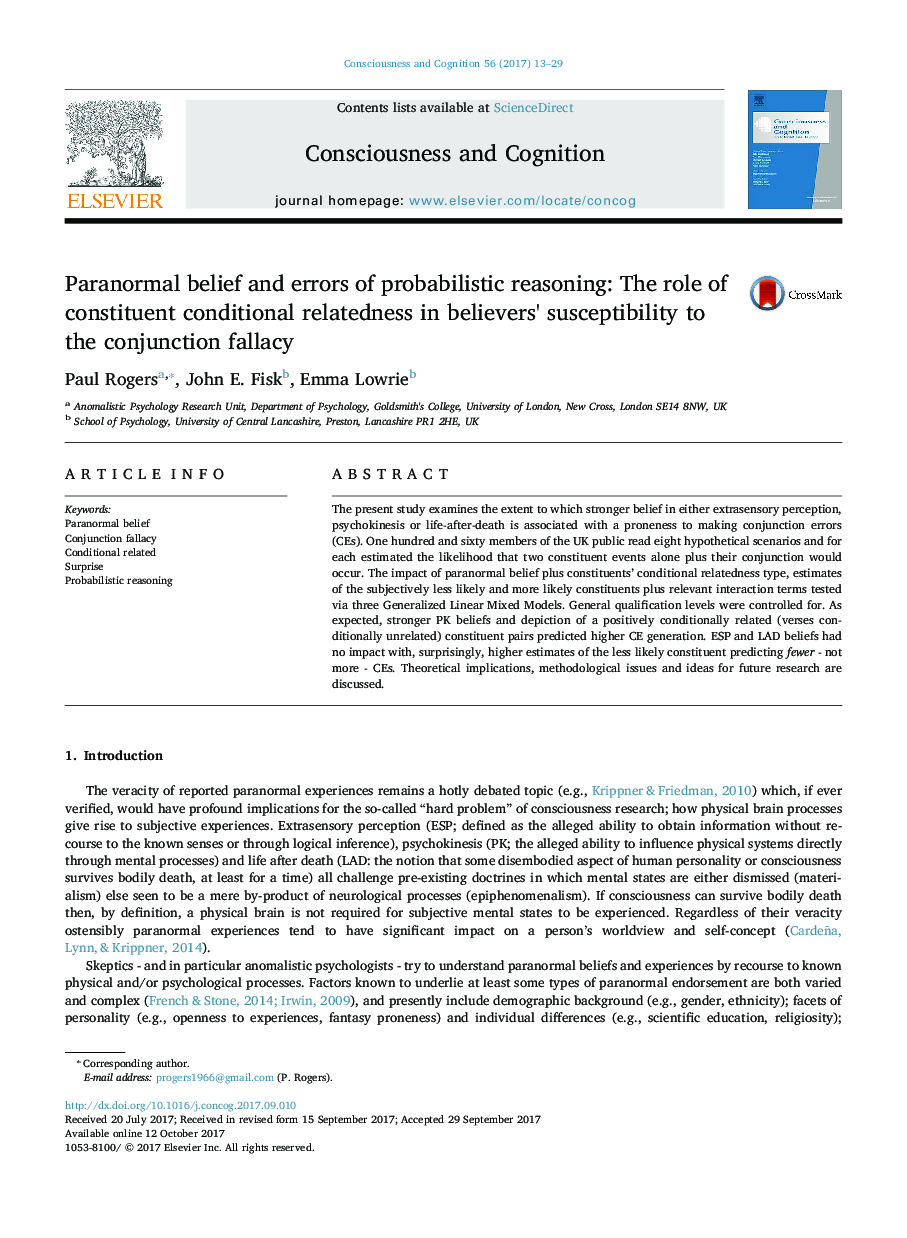 Paranormal belief and errors of probabilistic reasoning: The role of constituent conditional relatedness in believers' susceptibility to the conjunction fallacy