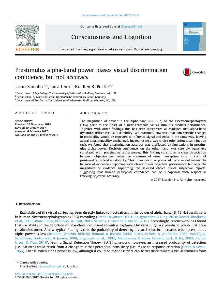 Prestimulus alpha-band power biases visual discrimination confidence, but not accuracy