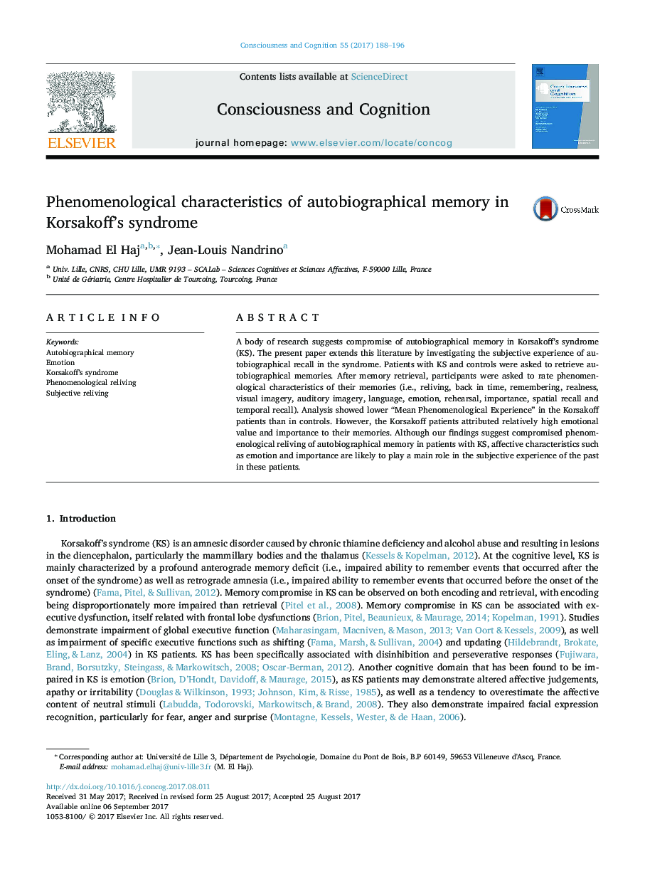 Phenomenological characteristics of autobiographical memory in Korsakoff's syndrome