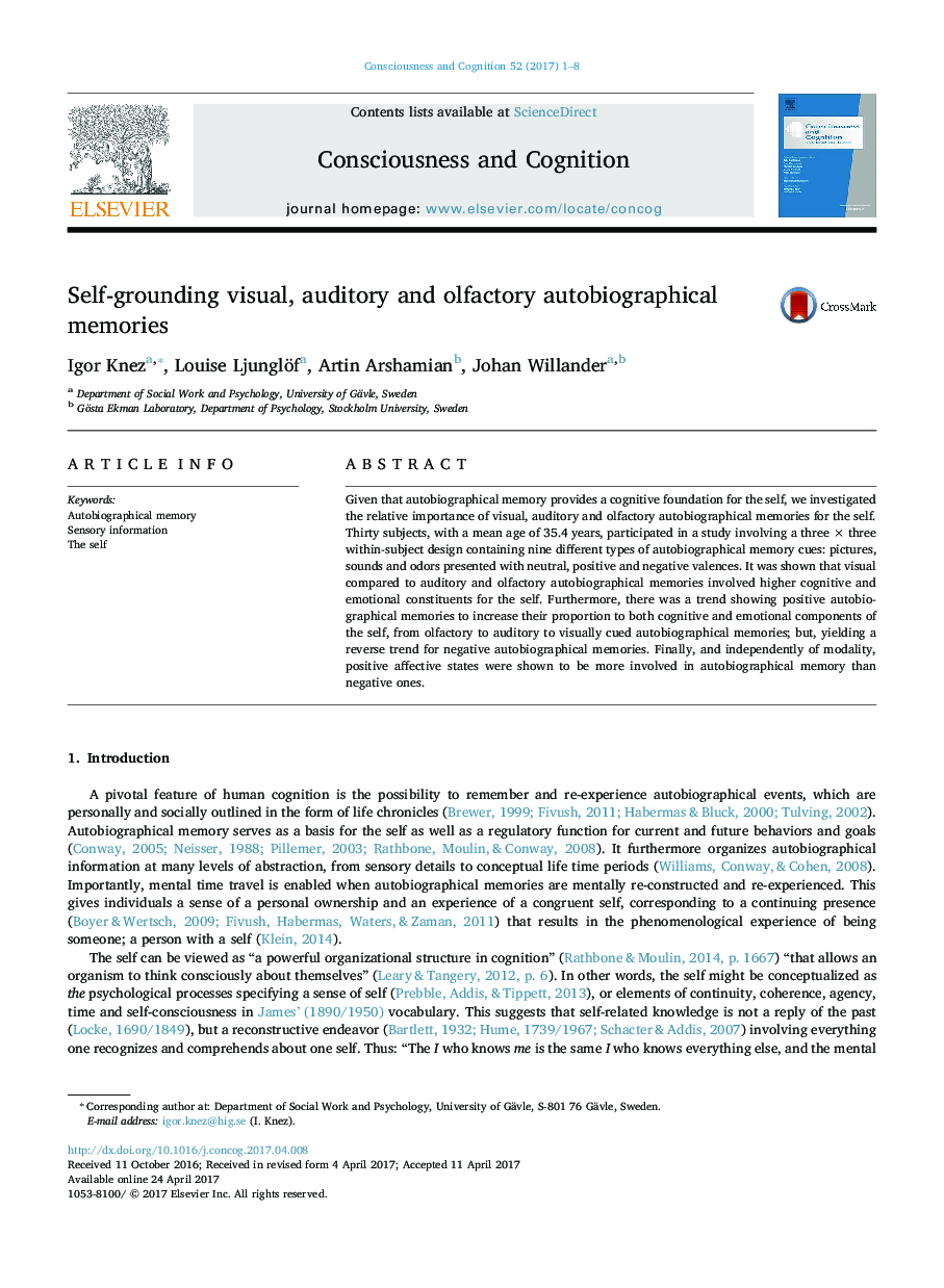 Self-grounding visual, auditory and olfactory autobiographical memories